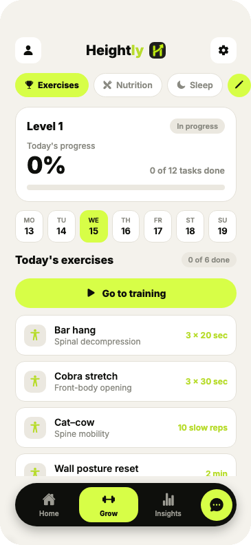 Heightly app showing today's exercise checklist including bar hangs and cobra stretches