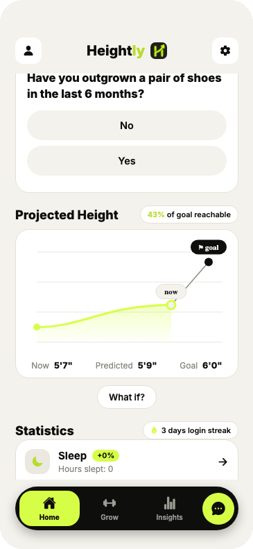 Heightly app showing a projected height chart with now, predicted and goal markers
