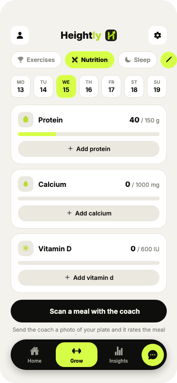 Heightly app showing protein, calcium and vitamin D tracking with a scan-a-meal option