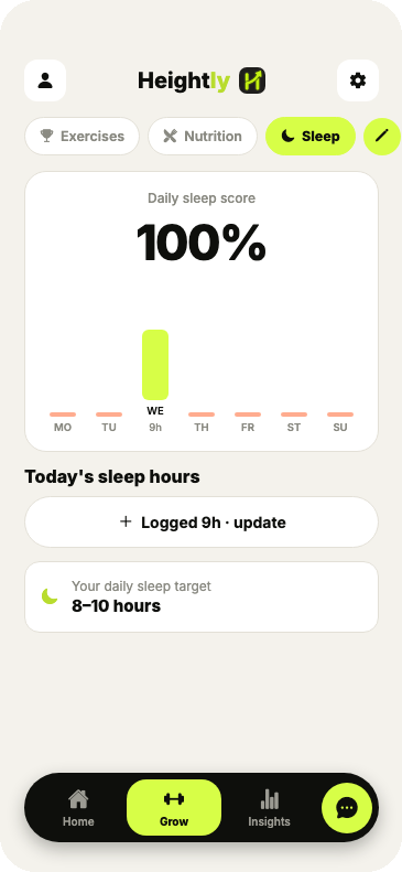 Heightly app showing a 100% sleep score after logging 9 hours