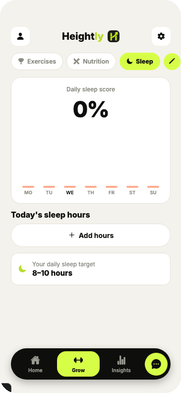 Heightly app showing an empty sleep log at 0%