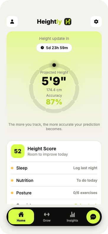 Heightly app showing a projected height of 5'9" with 87% accuracy